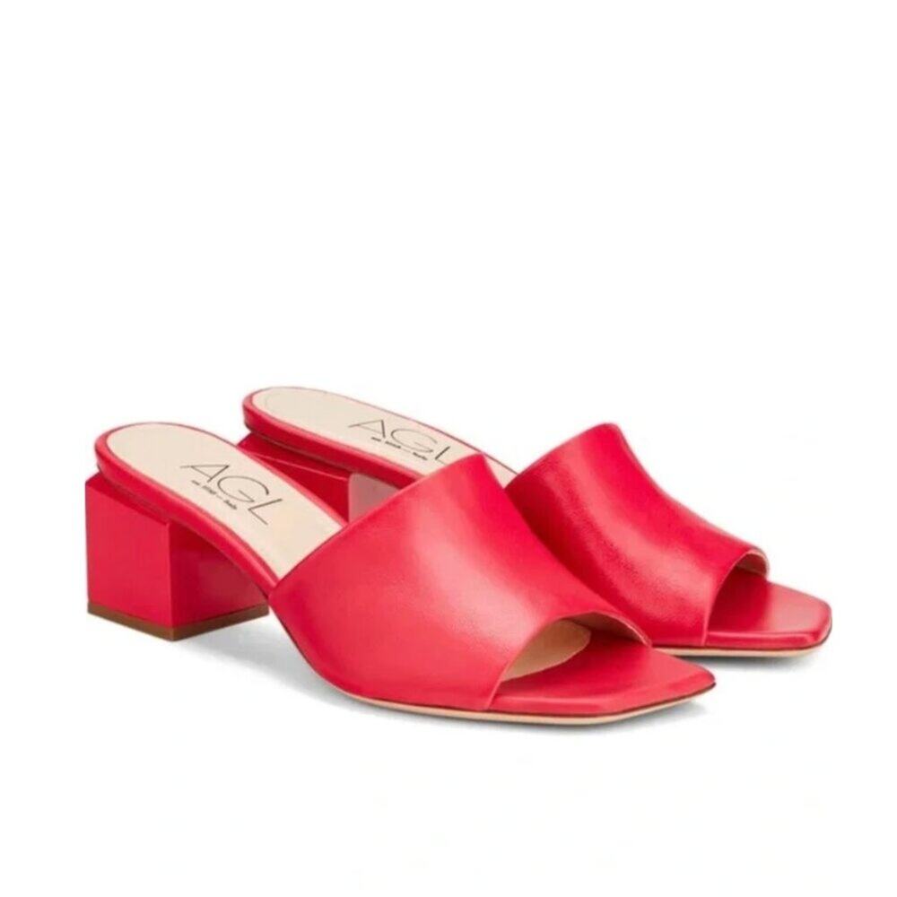 AGL Angie Coral Pink Leather Slide-On Block Heel Sandals